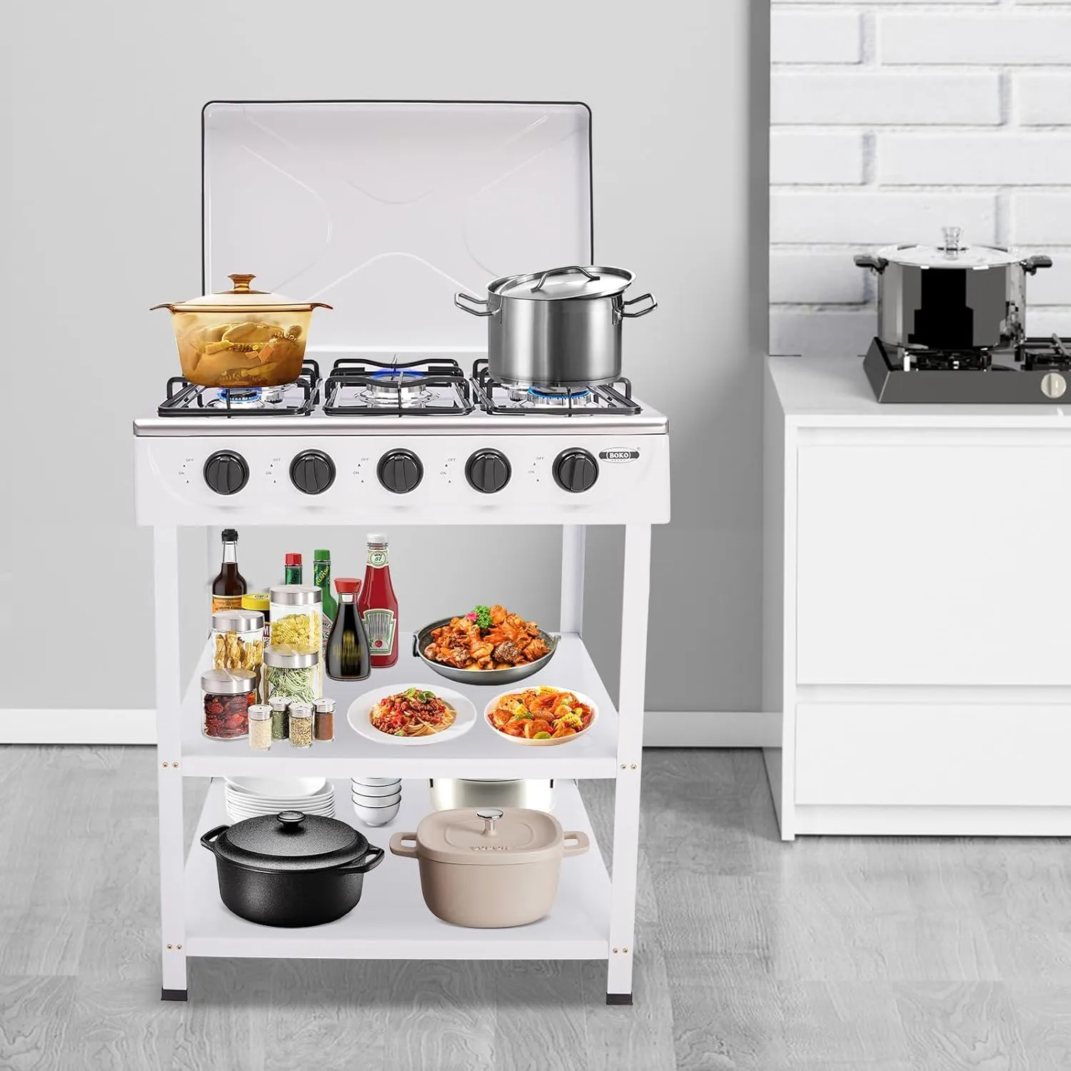 5 Burner Gas Stove,Portable Propane Stove,Camping Stove with Support Leg Stand and Wind Blocking Cover,Freestanding Gas Stove for RV Apartment Outdoor Cooking (White, 5 Burner)