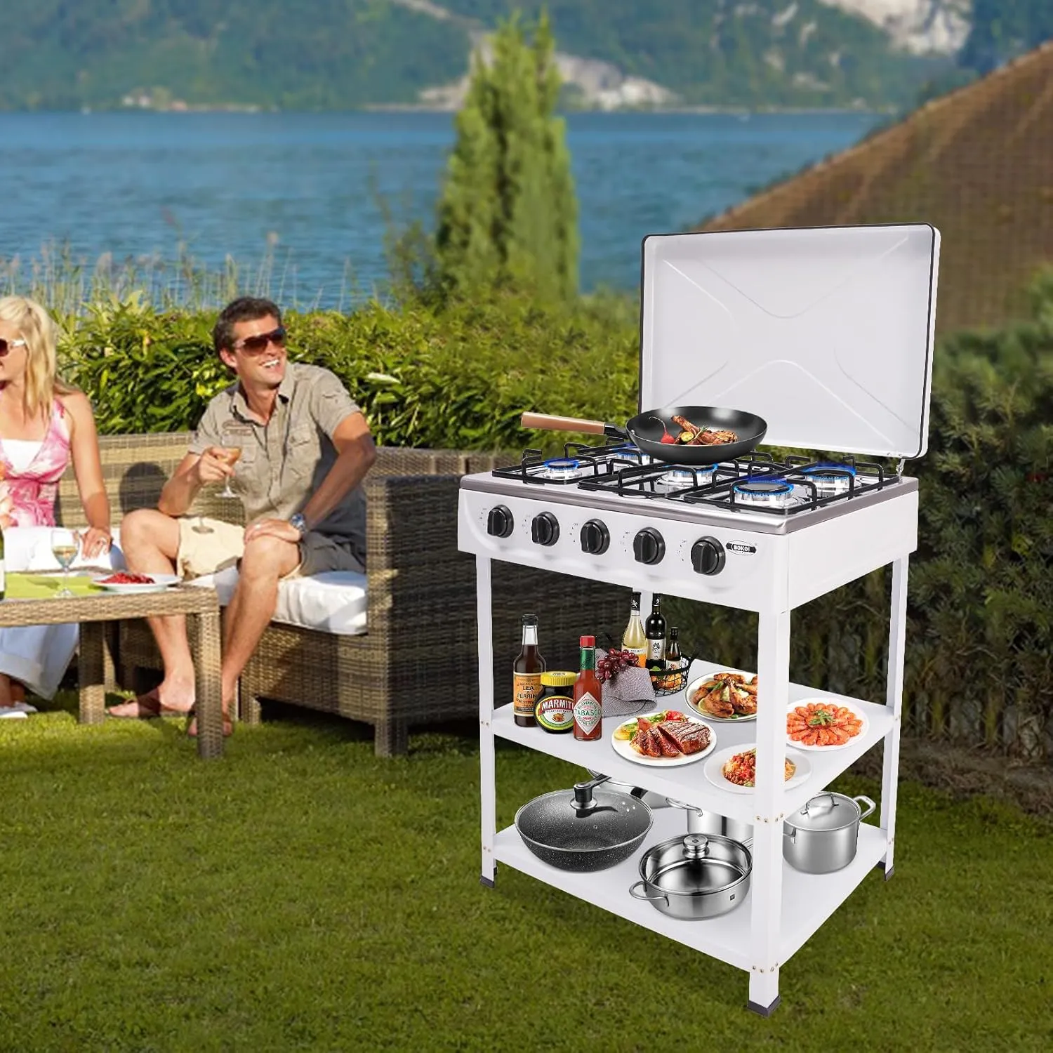 5 Burner Natural Gas Stove, 2.5kw Portable Natural Gas Stove With Stand, Camping Stove with Wind Blocking Cover and 2 Placement Boards, Natural Gas Stove Outdoor Cooking for Fishing, RV Travel