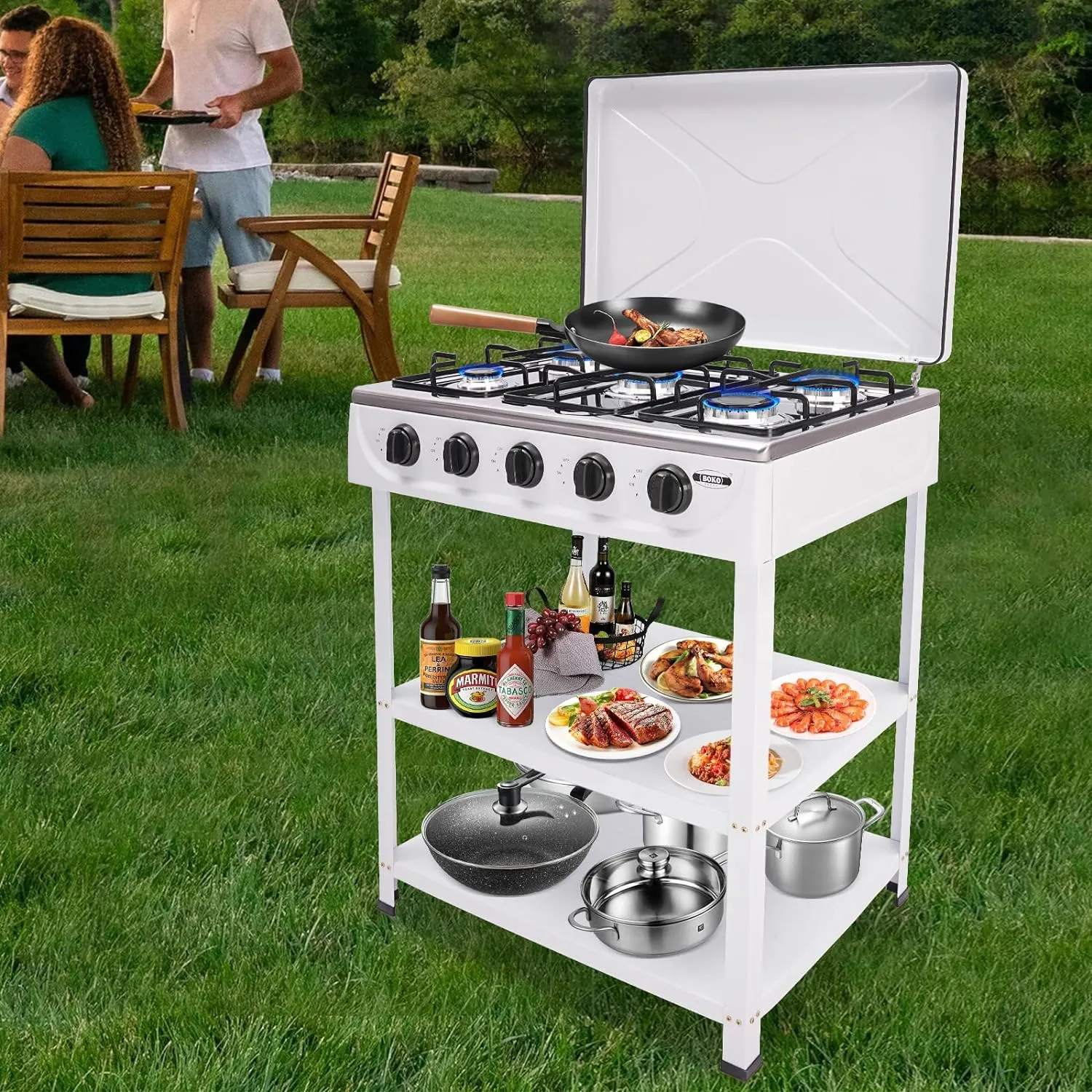 5 Burners Gas Stove, Portable Outdoor Gas Stove with Wind Shield and 2 Storage Shelves, Camping Stove for RV, Apartment, Backyard BBQ (White)