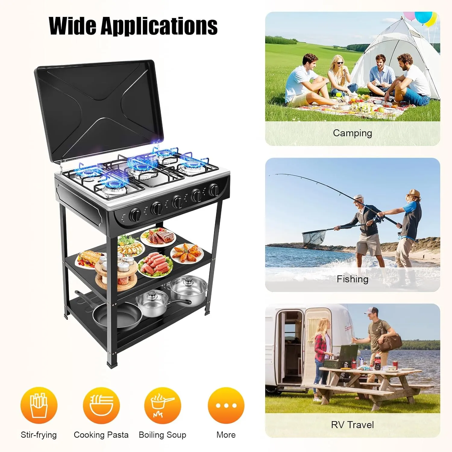 5 Burners Outdoor Camping Natural Gas Stove Portable Cooking Gas Stove 2500W Black