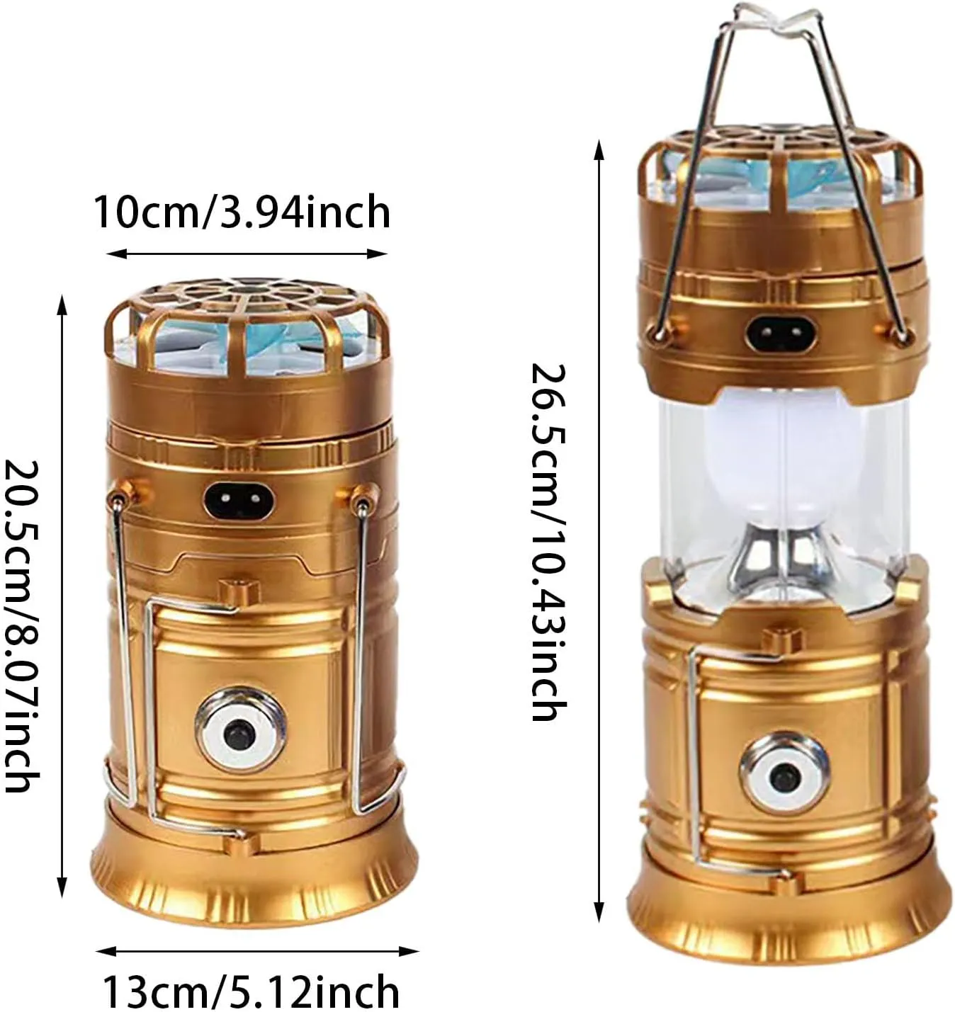 5-in-1 Portable LED Camping Lantern with Fan, Solar/USB Rechargeable, Light Power Outages & Phone Charger, Lightweight ABS for Tent, Hiking, Emergency Survival Gear Essentials (Gold, 20.5X13X10cm)