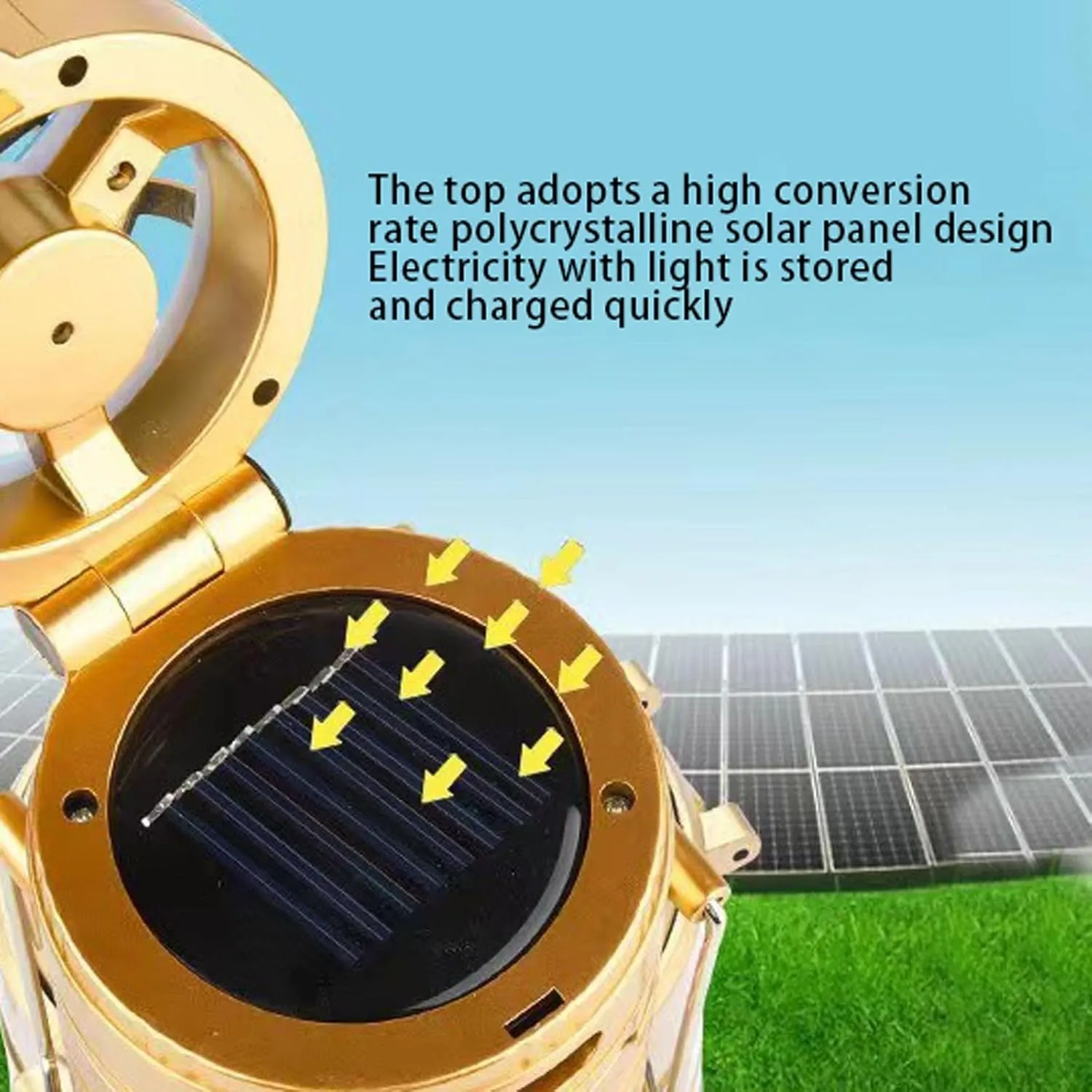 5-in-1 Portable LED Camping Lantern with Fan, Solar/USB Rechargeable, Light Power Outages & Phone Charger, Lightweight ABS for Tent, Hiking, Emergency Survival Gear Essentials (Gold, 20.5X13X10cm)