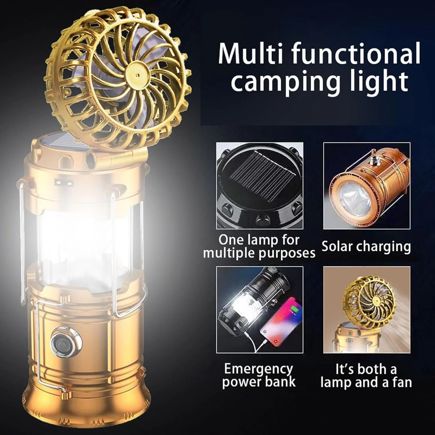 5-in-1 Portable LED Camping Lantern with Fan, Solar/USB Rechargeable, Light Power Outages & Phone Charger, Lightweight ABS for Tent, Hiking, Emergency Survival Gear Essentials (Gold, 20.5X13X10cm)