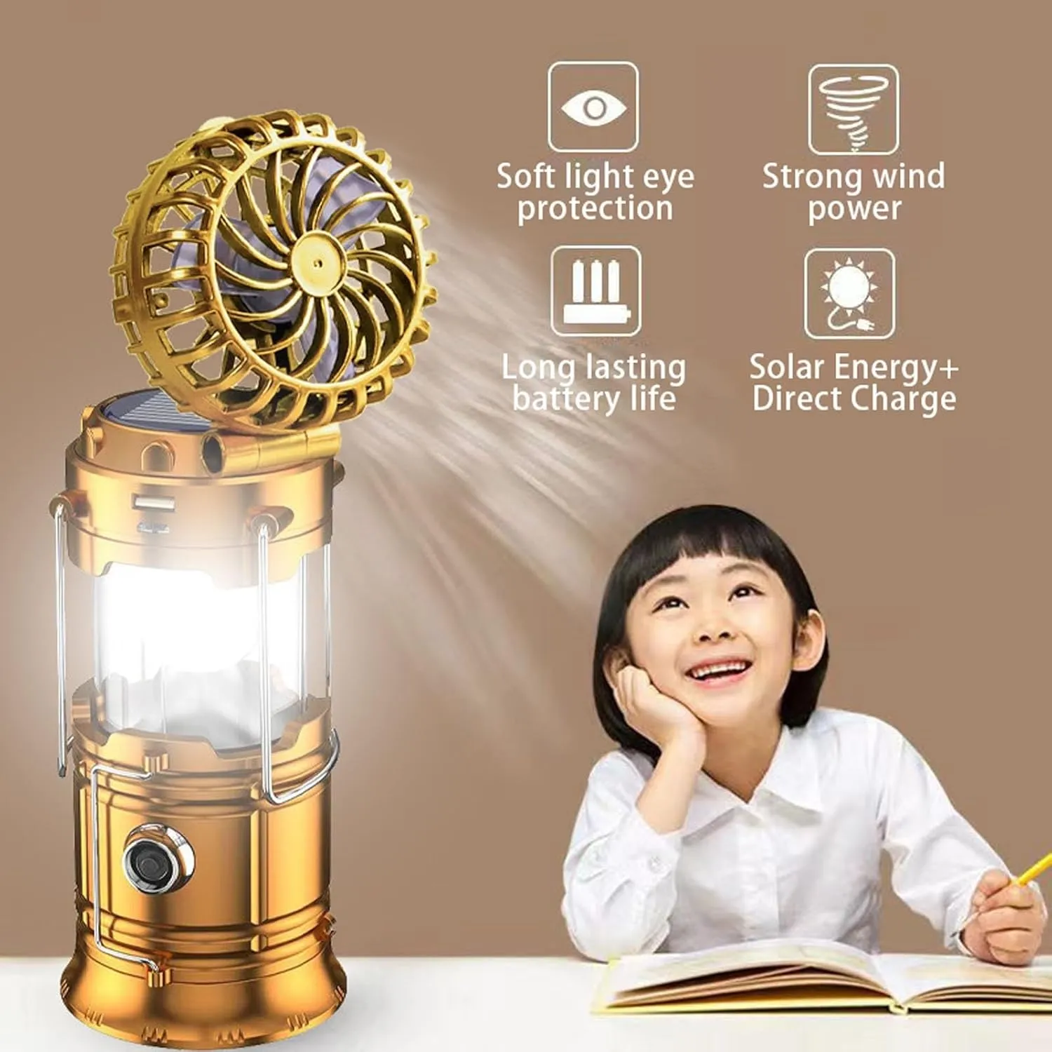 5-in-1 Portable LED Camping Lantern with Fan, Solar/USB Rechargeable, Light Power Outages & Phone Charger, Lightweight ABS for Tent, Hiking, Emergency Survival Gear Essentials (Gold, 20.5X13X10cm)