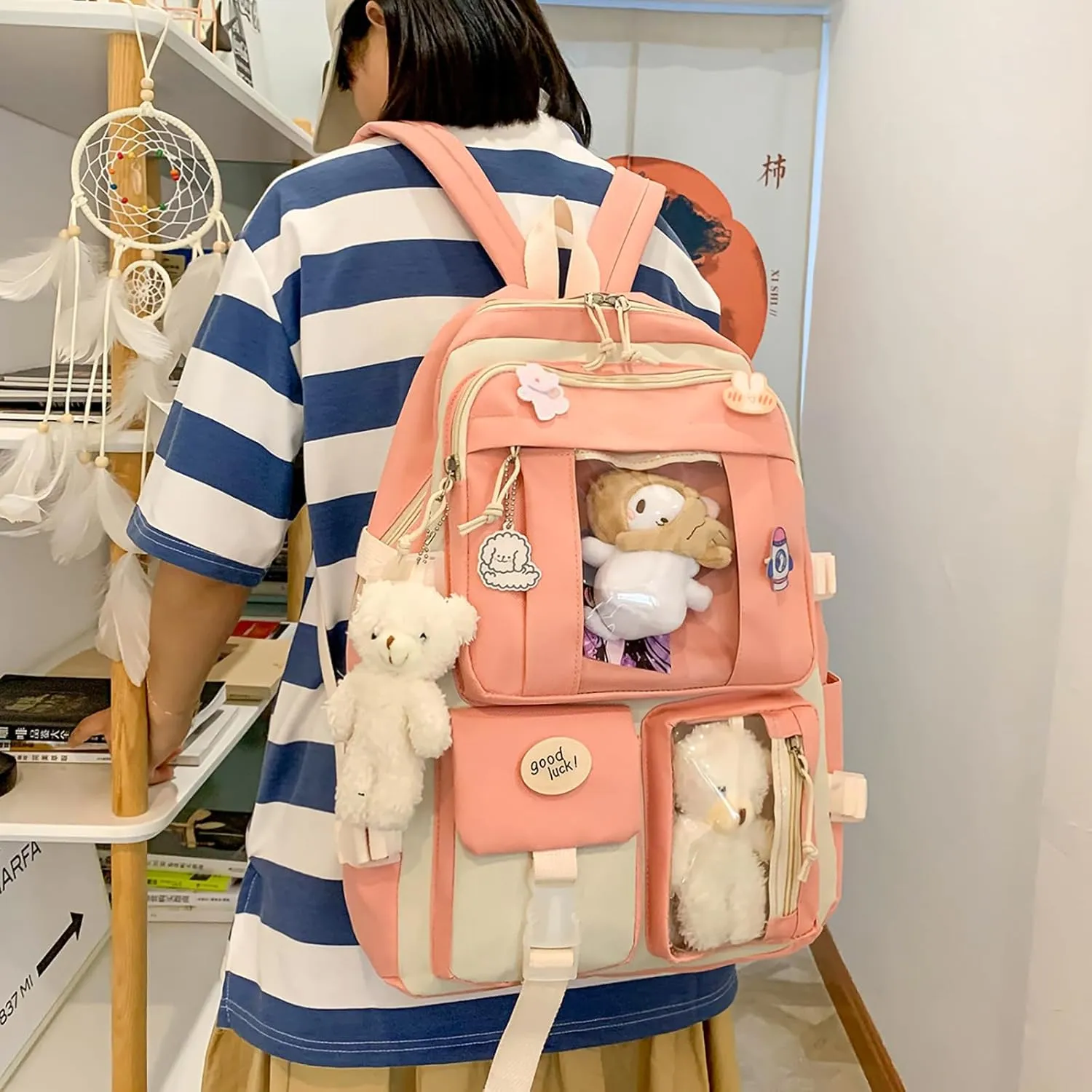5-Piece Aesthetic Kawaii Backpack Set with Kawaii Pin and Pendants Accessories, Nylon Material | Durable & Adorable