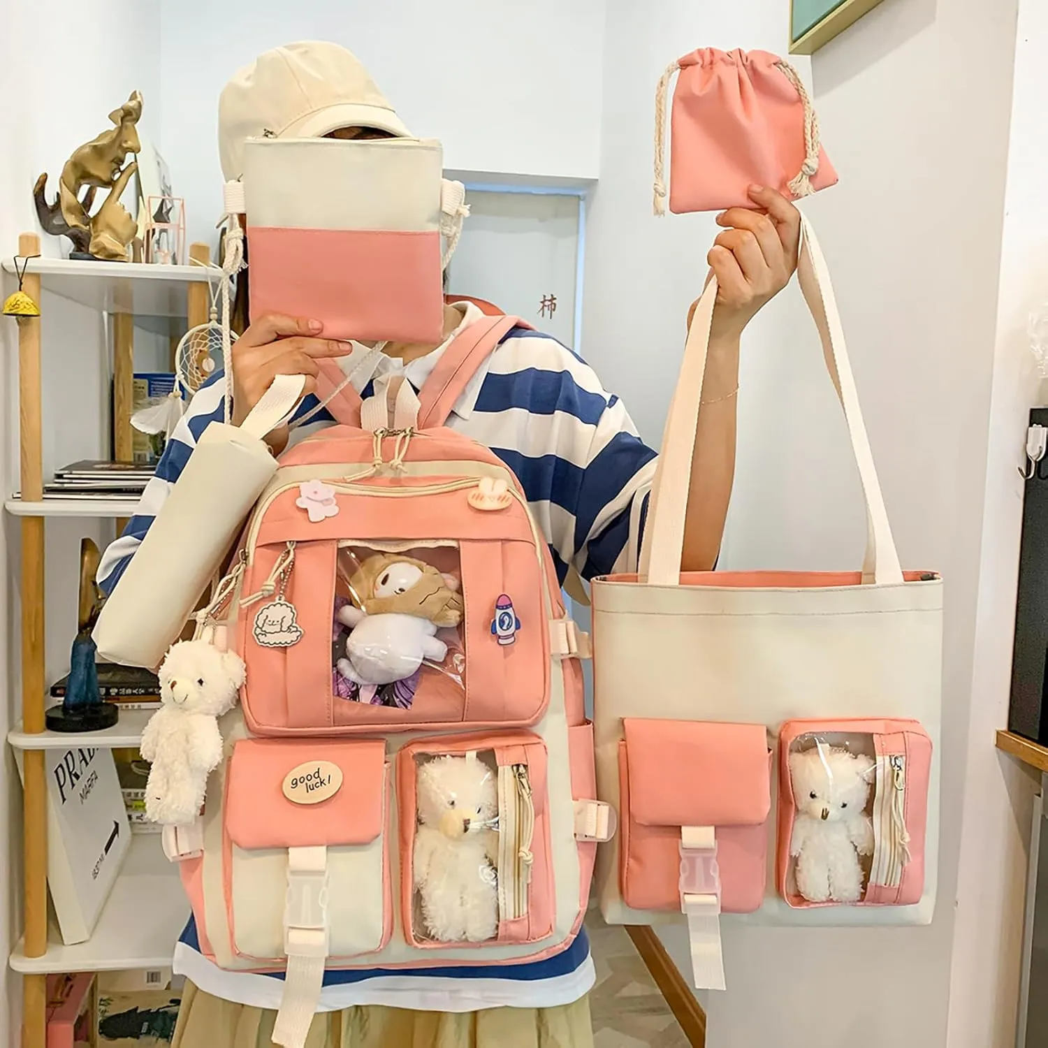 5-Piece Aesthetic Kawaii Backpack Set with Kawaii Pin and Pendants Accessories, Nylon Material | Durable & Adorable