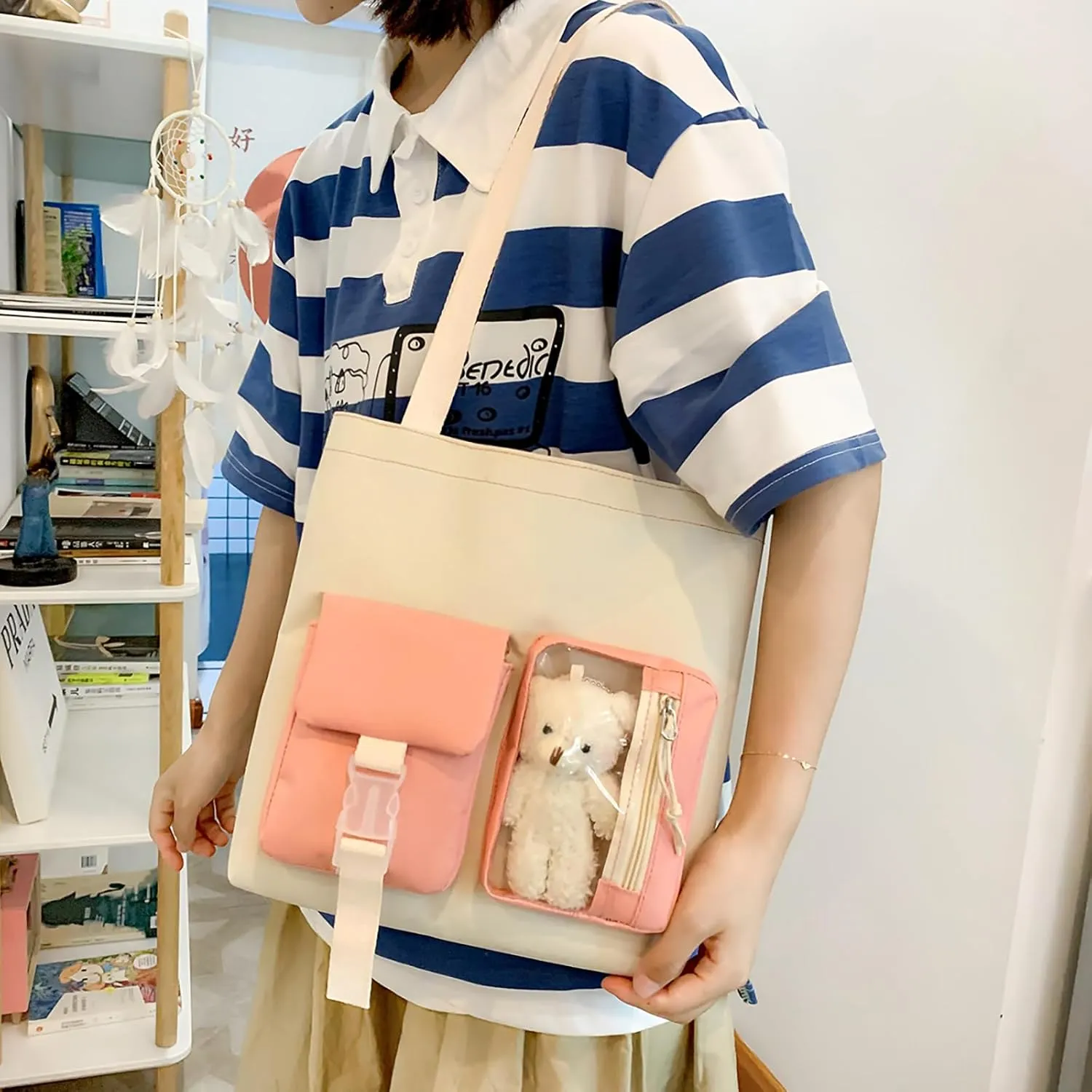 5-Piece Aesthetic Kawaii Backpack Set with Kawaii Pin and Pendants Accessories, Nylon Material | Durable & Adorable