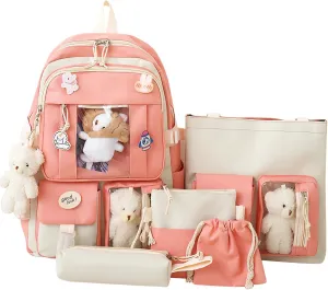 5-Piece Aesthetic Kawaii Backpack Set with Kawaii Pin and Pendants Accessories, Nylon Material | Durable & Adorable