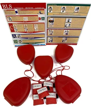 5 Pocket CPR Hard Case Mask, 5 BLS CPR Charts & 5 CPR Keychains