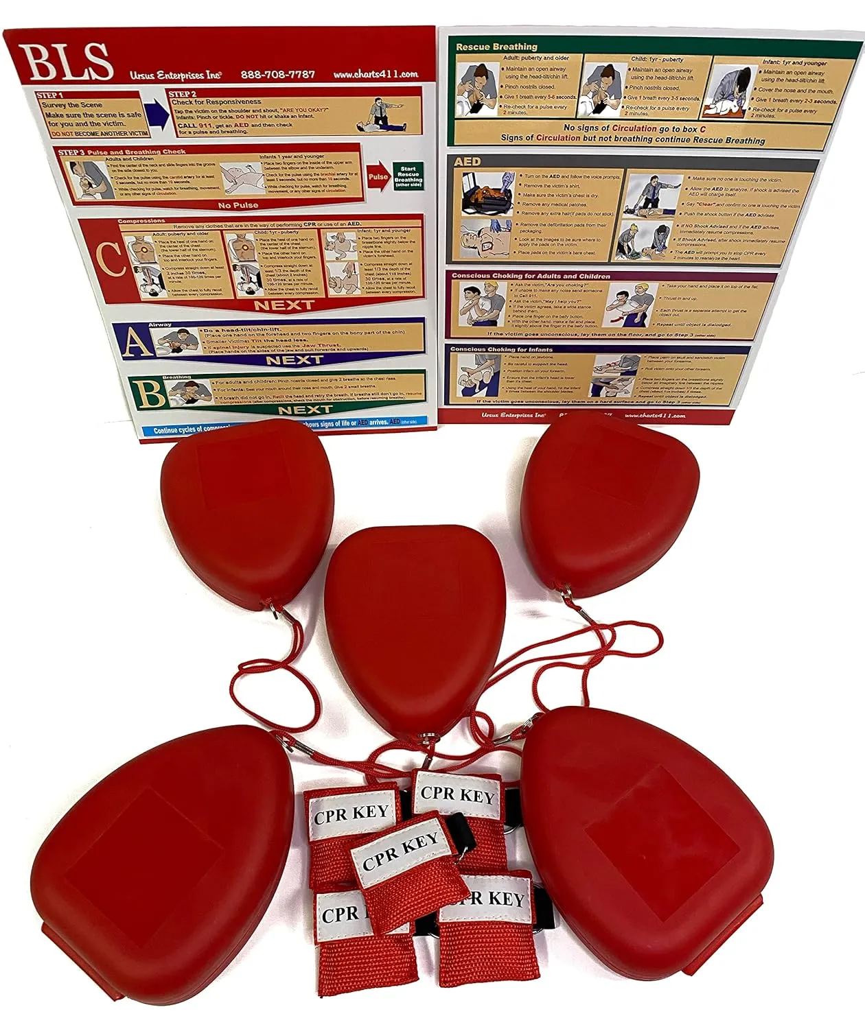 5 Pocket CPR Hard Case Mask, 5 BLS CPR Charts & 5 CPR Keychains