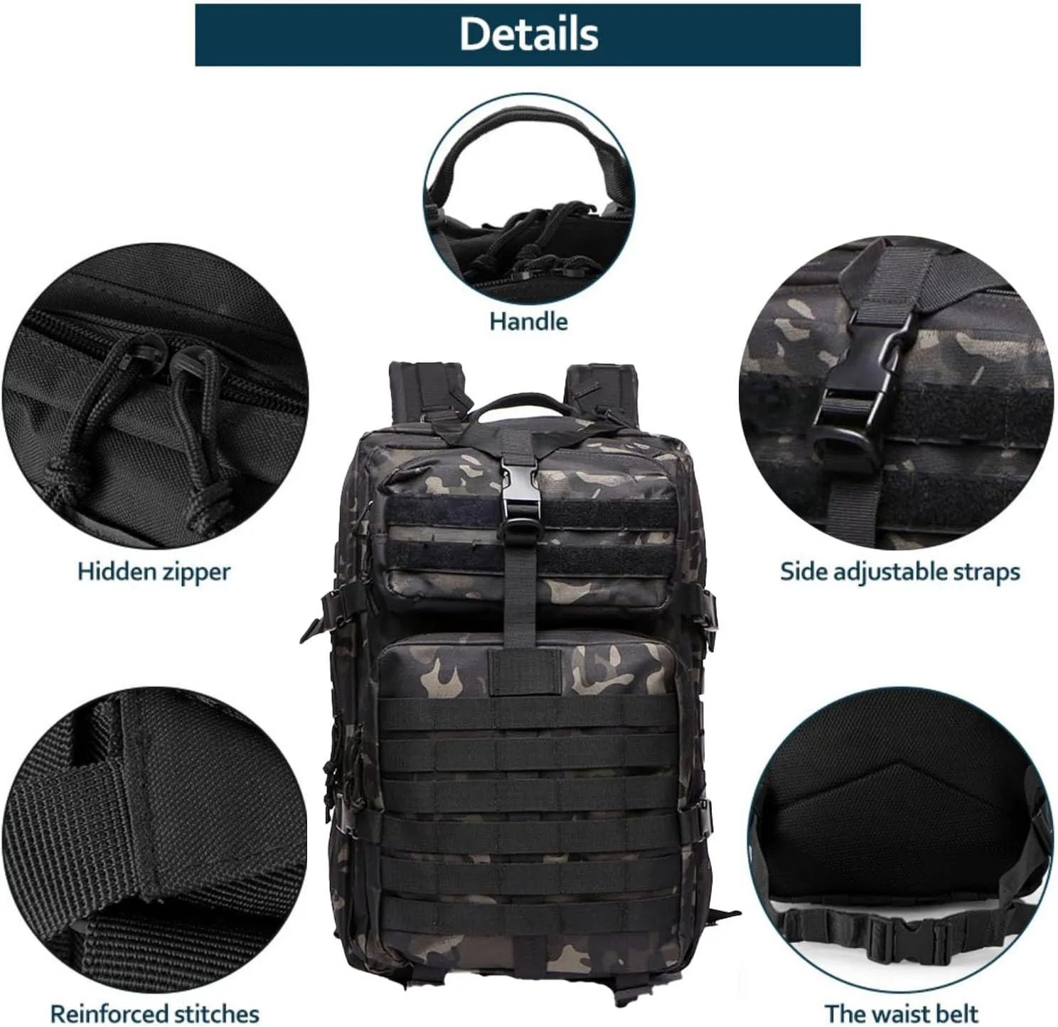 50L Sturdy Nylon Waterproof Fishing Hunting Backpack Outdoor Military Rucksacks Tactical Sports Camping Hiking Bags (Camo Black)