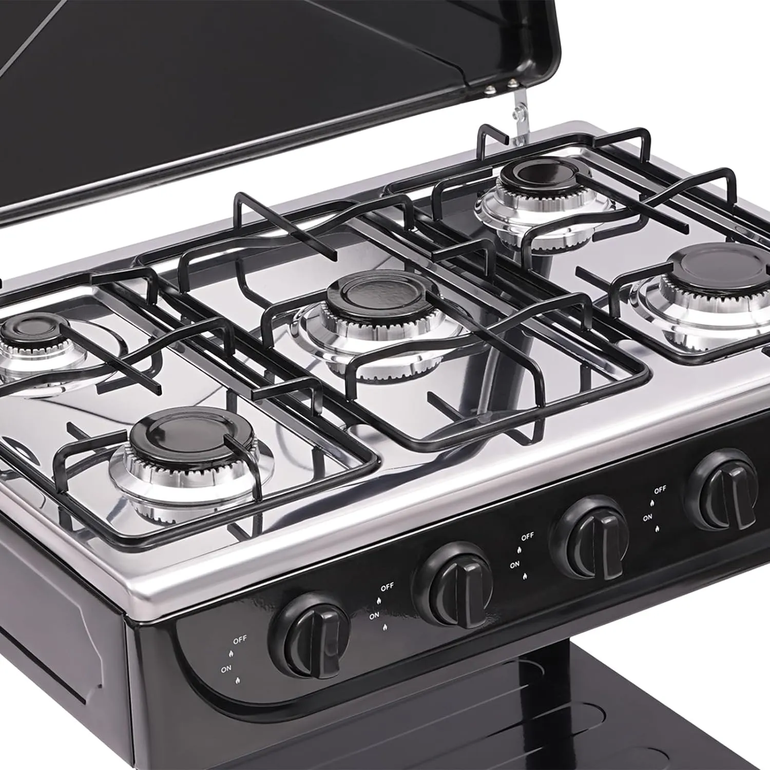 5/4 Burner Natural Gas Stove, Auto Ignition Portable Gas Stove with Support Leg Stand and Wind Blocking Cover Adapter for Camping, Fishing, RV Travel (Black, 5 Burner)