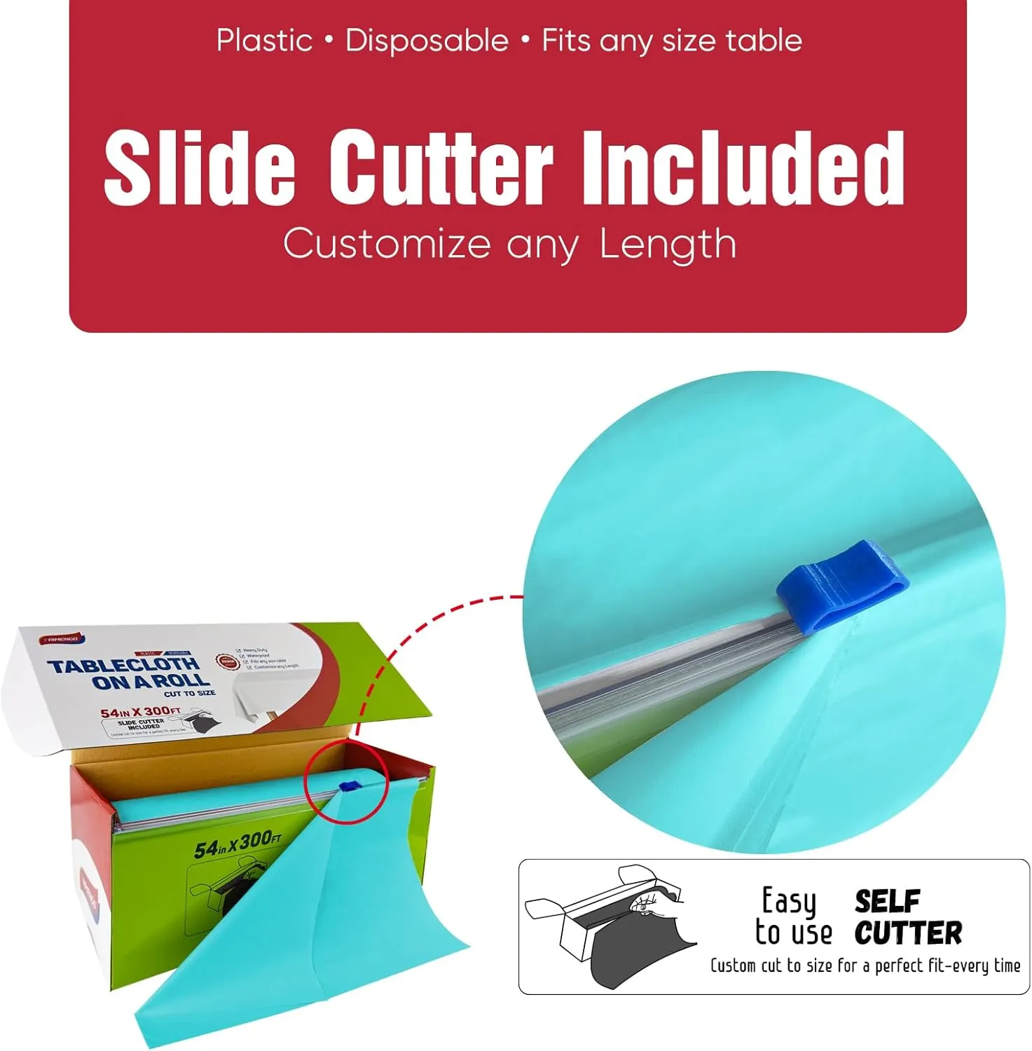 54in x 300Ft Aqua Plastic Table Cloth Roll with 18 Pcs Stainless Steel Clips, Disposable Table Cover Roll in A Cut-to-Size Box with Slide Cutter, Tablecloth for Rectangle Table for Parties