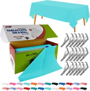 54in x 300Ft Aqua Plastic Table Cloth Roll with 18 Pcs Stainless Steel Clips, Disposable Table Cover Roll in A Cut-to-Size Box with Slide Cutter, Tablecloth for Rectangle Table for Parties