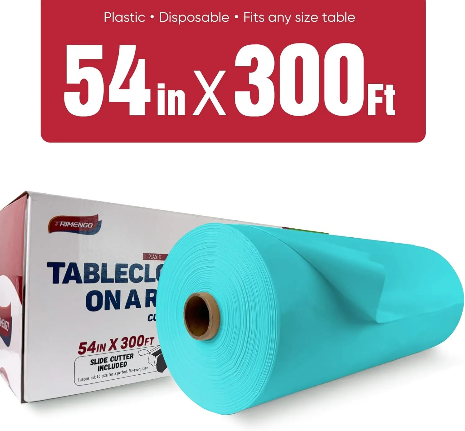 54in x 300Ft Aqua Plastic Table Cloth Roll with 18 Pcs Stainless Steel Clips, Disposable Table Cover Roll in A Cut-to-Size Box with Slide Cutter, Tablecloth for Rectangle Table for Parties