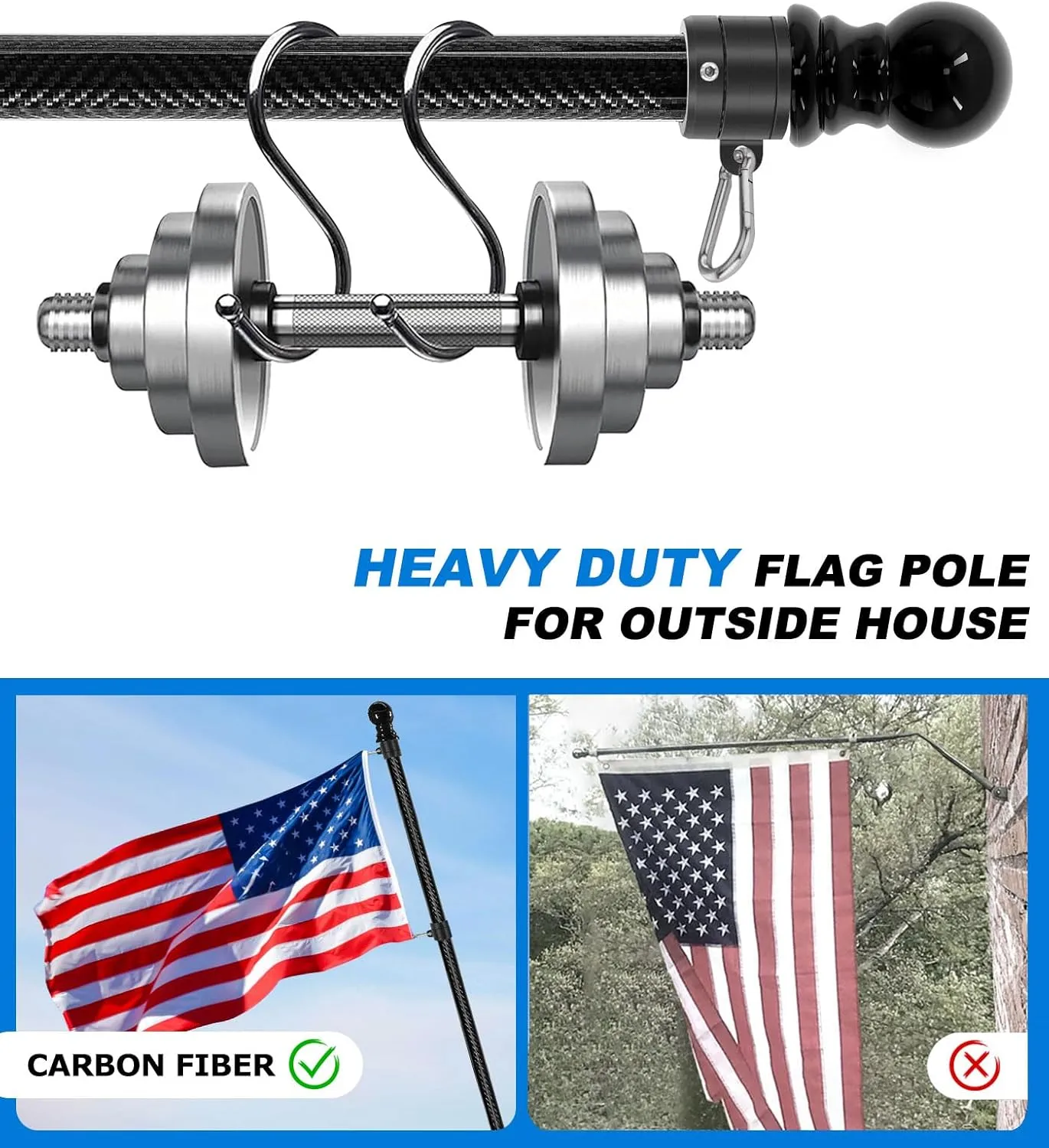 6 FT Carbon Fiber Flag Pole for Outside House, Heavy Duty Flag Pole for House, Porch, Wall, 1 Inch Flag Poles for 3x5 Flags Outdoor (Without Bracket)