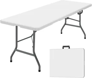 6 ft Folding Table, Portable Heavy Duty HDPE Fold-in Table, Lightweight Folding Table, Foldable Plastic Card Table for Party, Dining, Barbecue, Board Game with Carrying Handle - White