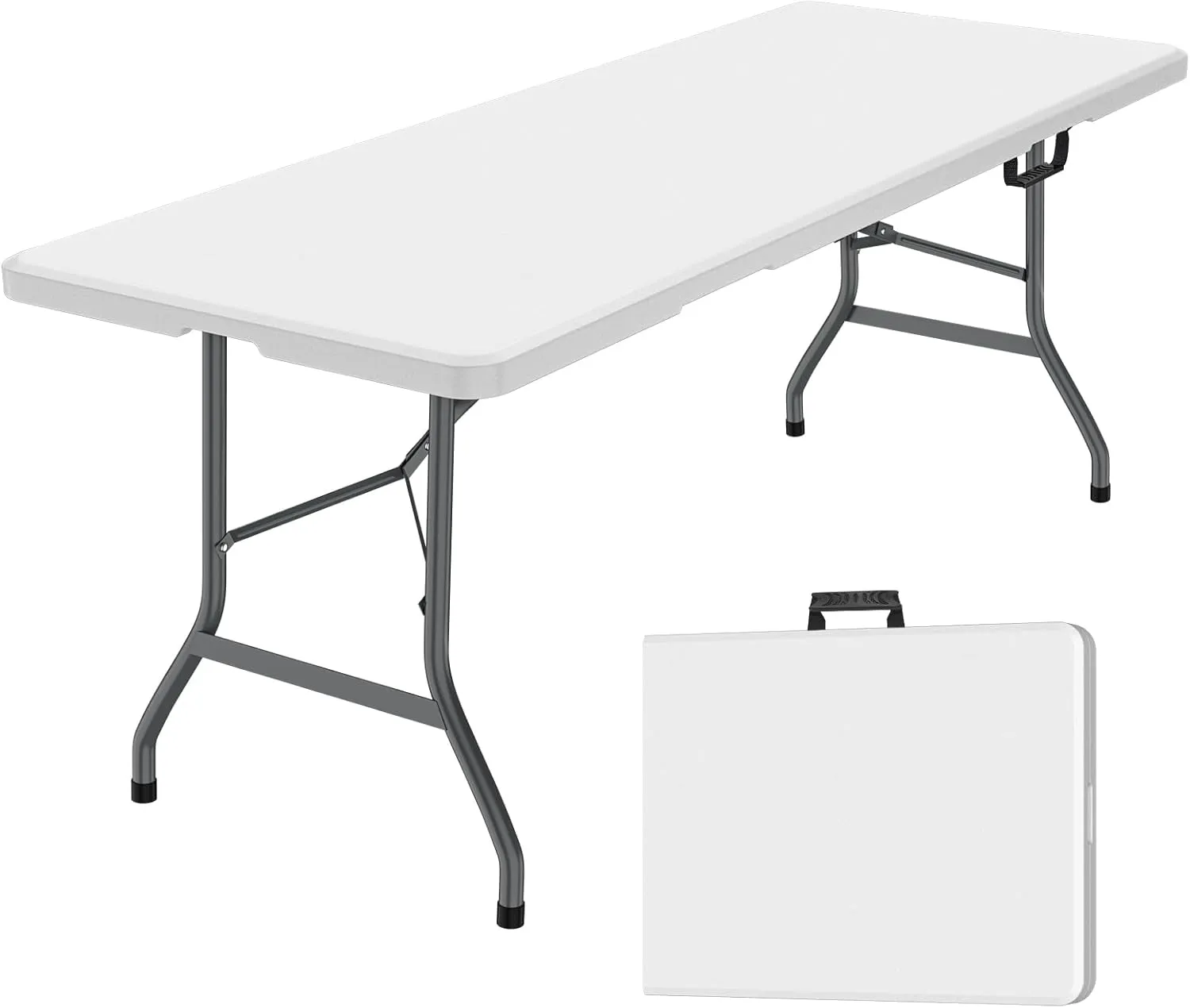 6 ft Folding Table, Portable Heavy Duty HDPE Fold-in Table, Lightweight Folding Table, Foldable Plastic Card Table for Party, Dining, Barbecue, Board Game with Carrying Handle - White