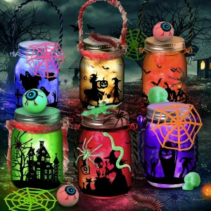 6 Pack Glass Mason Jars - Halloween Crafts & Activities for Kids Ages 4-12, DIY Lantern Jars for Gifts & Party Favors, Classroom Prizes