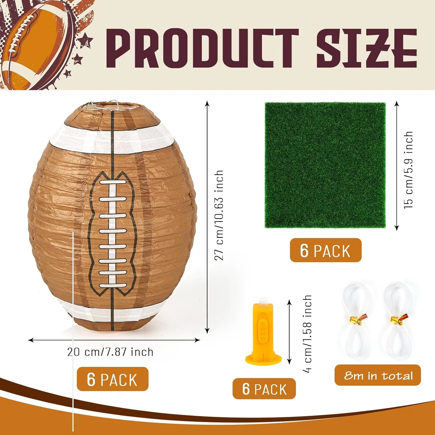 6 Sets Football Centerpieces for Table Rugby Paper Lanterns with 6 Pcs LED Lights 6 Pcs Grass Squares 6 Pcs Hanging Football Paper Lanterns for Sport Themed Birthday Party Decorations