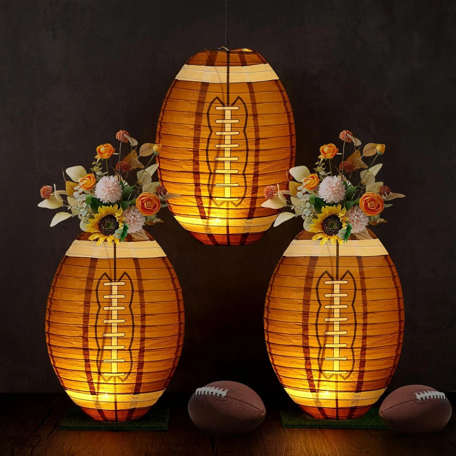 6 Sets Football Centerpieces for Table Rugby Paper Lanterns with 6 Pcs LED Lights 6 Pcs Grass Squares 6 Pcs Hanging Football Paper Lanterns for Sport Themed Birthday Party Decorations