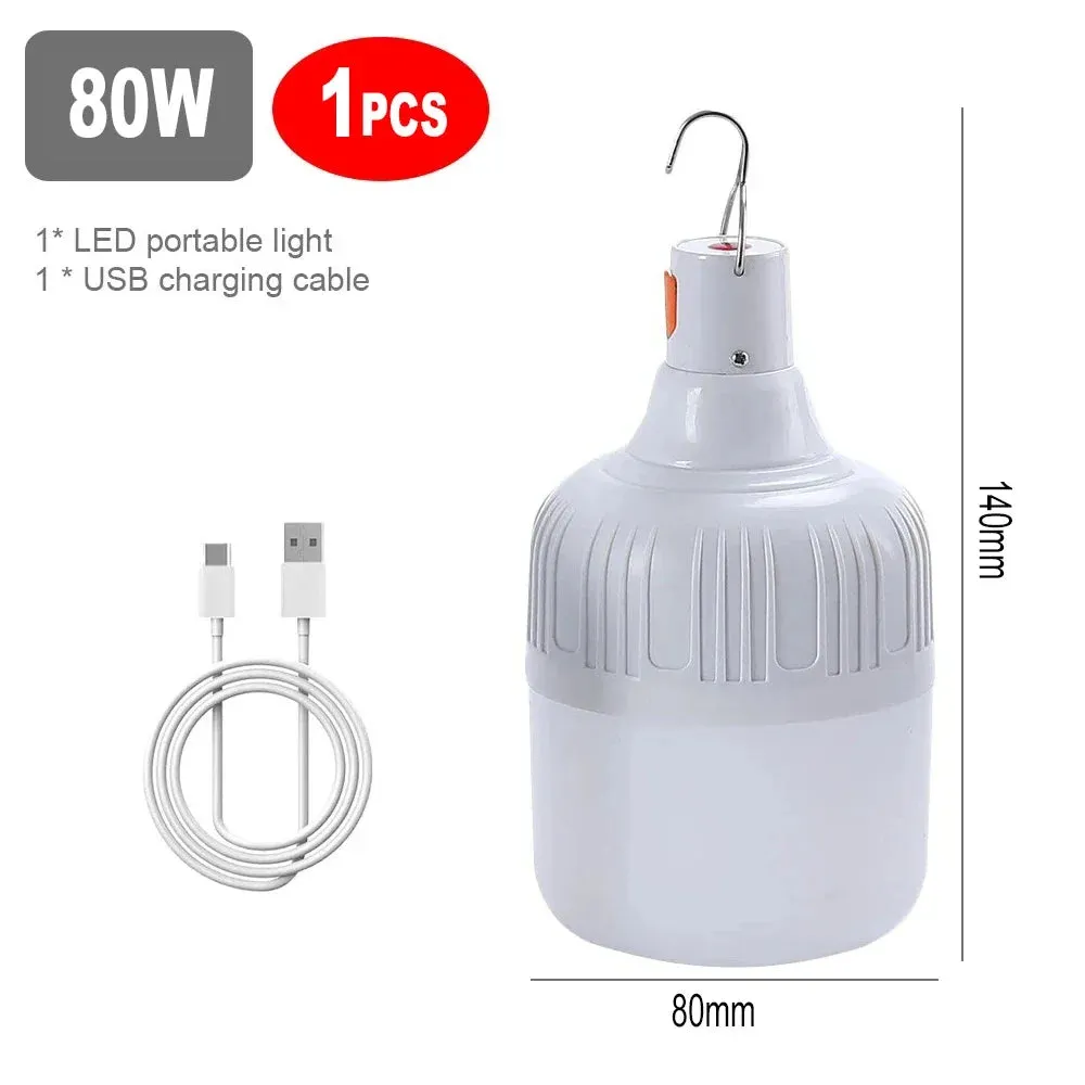 60W 80W USB Rechargeable LED Camping Lantern - Portable Emergency Light with Hook for Outdoor BBQ & Tents