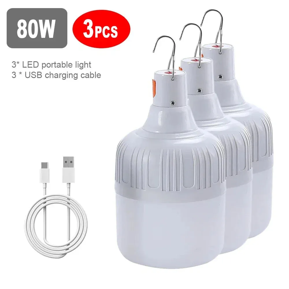 60W 80W USB Rechargeable LED Camping Lantern - Portable Emergency Light with Hook for Outdoor BBQ & Tents