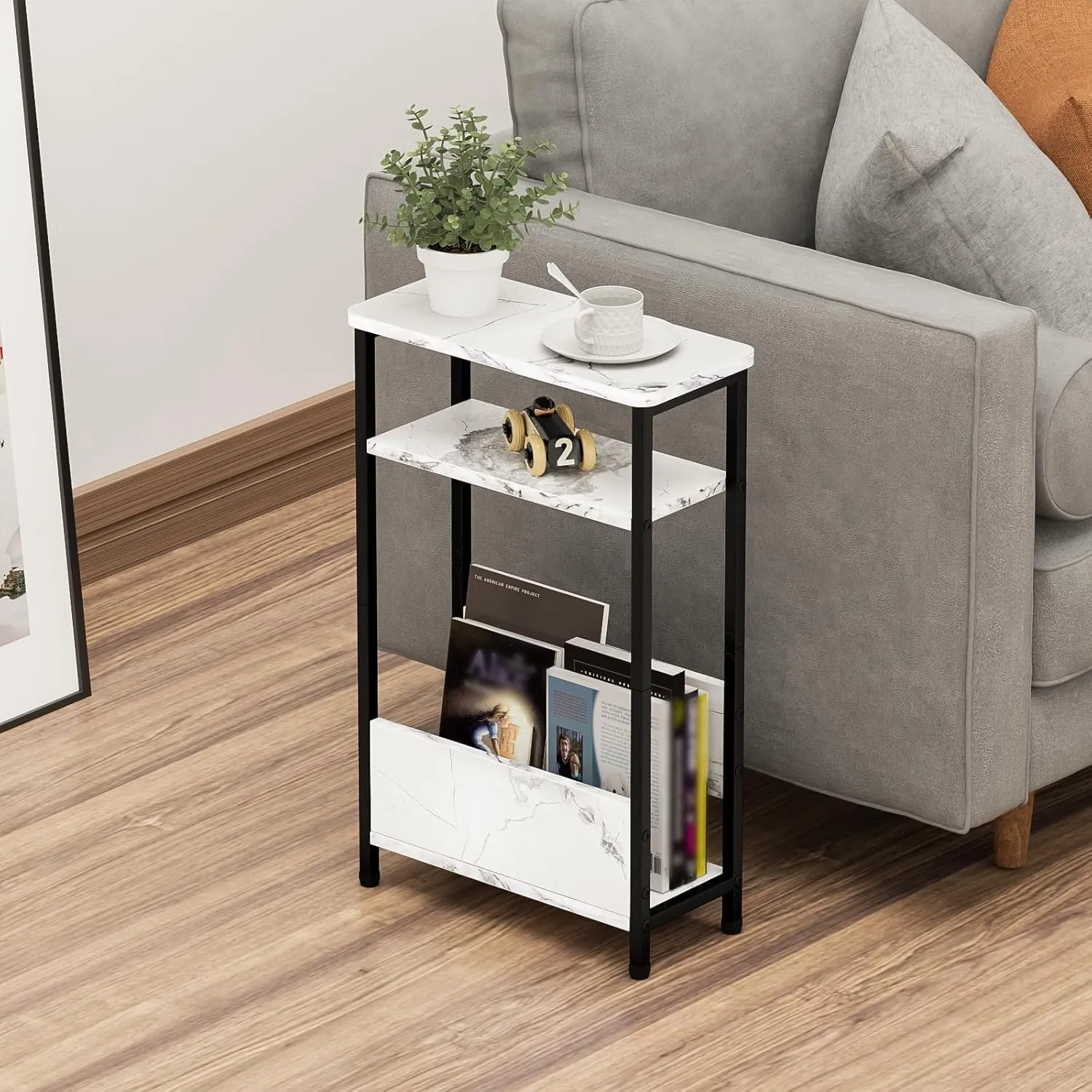 7.1" Narrow Side Table for Small Spaces, 3 Tier Small End Table with Magazine Holder, Slim/Skinny Nightstand/Bedside Table for Living Room, Bedroom, 15.4" L x 24.2" H, Faux White Marble