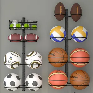 8 Tier Detachable Wall Mounted Basketball Rack,Vertical/Horizontal Football Holder,Holds 14 Balls DIY1/2/3/4 Soccer Stand,Height-Adjustable Ball Rack with Basket for Garage,Tool Room