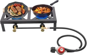 8000W Portable Double Burner Outdoor Gas Stove 2 Burners Propane BBQ Cooker w/Adjustable 0-10Psi Regulator Hose Table Gas Stove for Patio Camping Hiking Turkey Fry Black(18.9x9.84x4.53in)