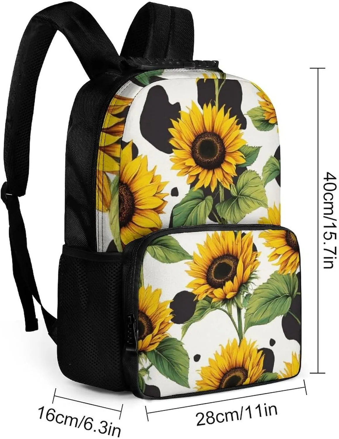 80S Vintage Cow Print Sunflowers Shoulder Book Bags Polyester Multipurpose Anti-Theft Carry On Bag Large Capacity Travel Hiking & Camping Rucksack