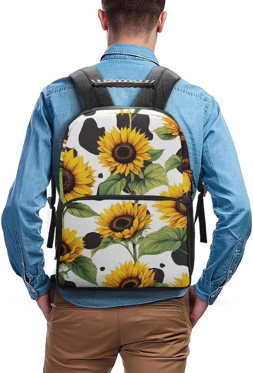 80S Vintage Cow Print Sunflowers Shoulder Book Bags Polyester Multipurpose Anti-Theft Carry On Bag Large Capacity Travel Hiking & Camping Rucksack