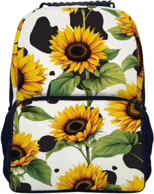 80S Vintage Cow Print Sunflowers Shoulder Book Bags Polyester Multipurpose Anti-Theft Carry On Bag Large Capacity Travel Hiking & Camping Rucksack