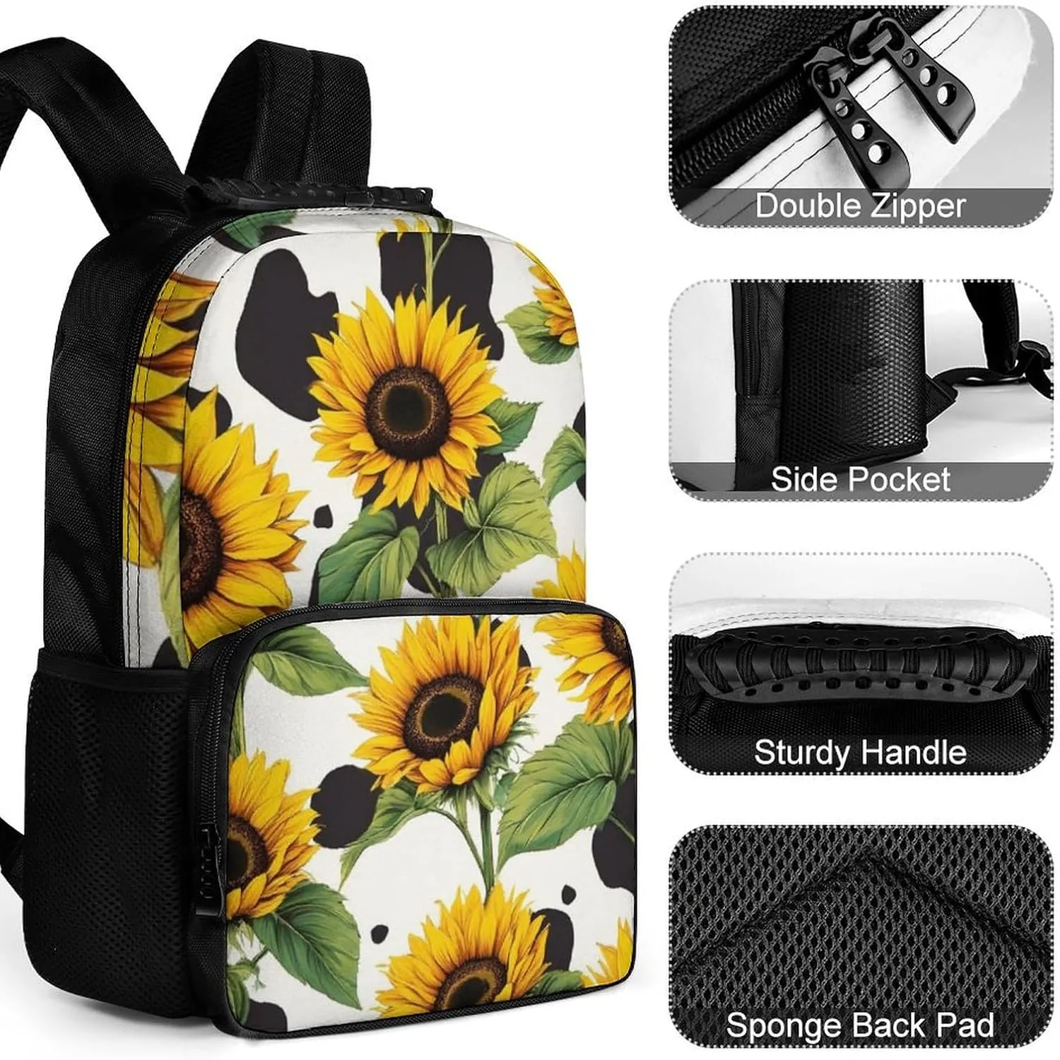 80S Vintage Cow Print Sunflowers Shoulder Book Bags Polyester Multipurpose Anti-Theft Carry On Bag Large Capacity Travel Hiking & Camping Rucksack