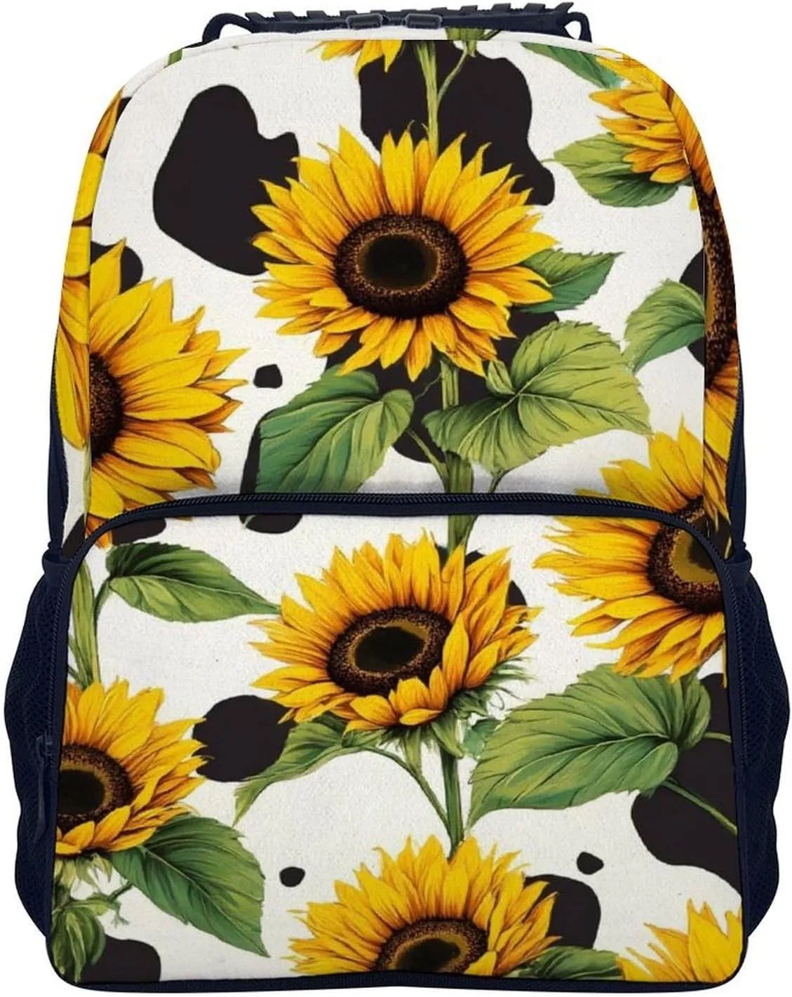 80S Vintage Cow Print Sunflowers Shoulder Book Bags Polyester Multipurpose Anti-Theft Carry On Bag Large Capacity Travel Hiking & Camping Rucksack