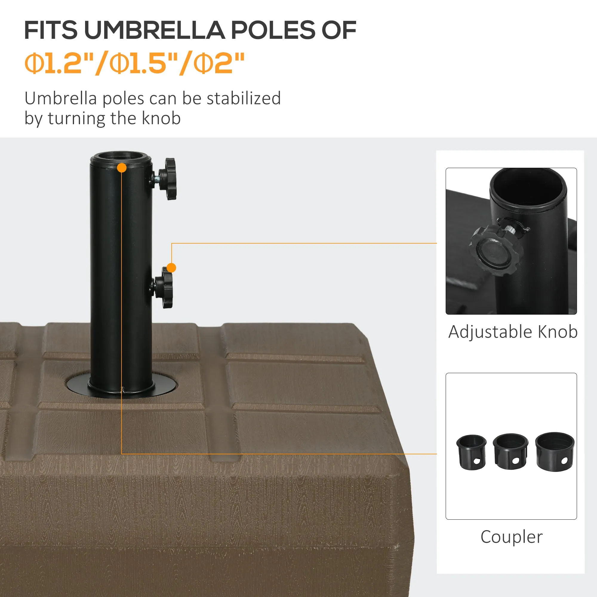 88 lbs. Fillable Umbrella Base with Steel Umbrella Holder for 1.25", 1.5" or 2" Umbrella Poles, Square & Reversible Heavy Duty Market Umbrella Stand, Brown