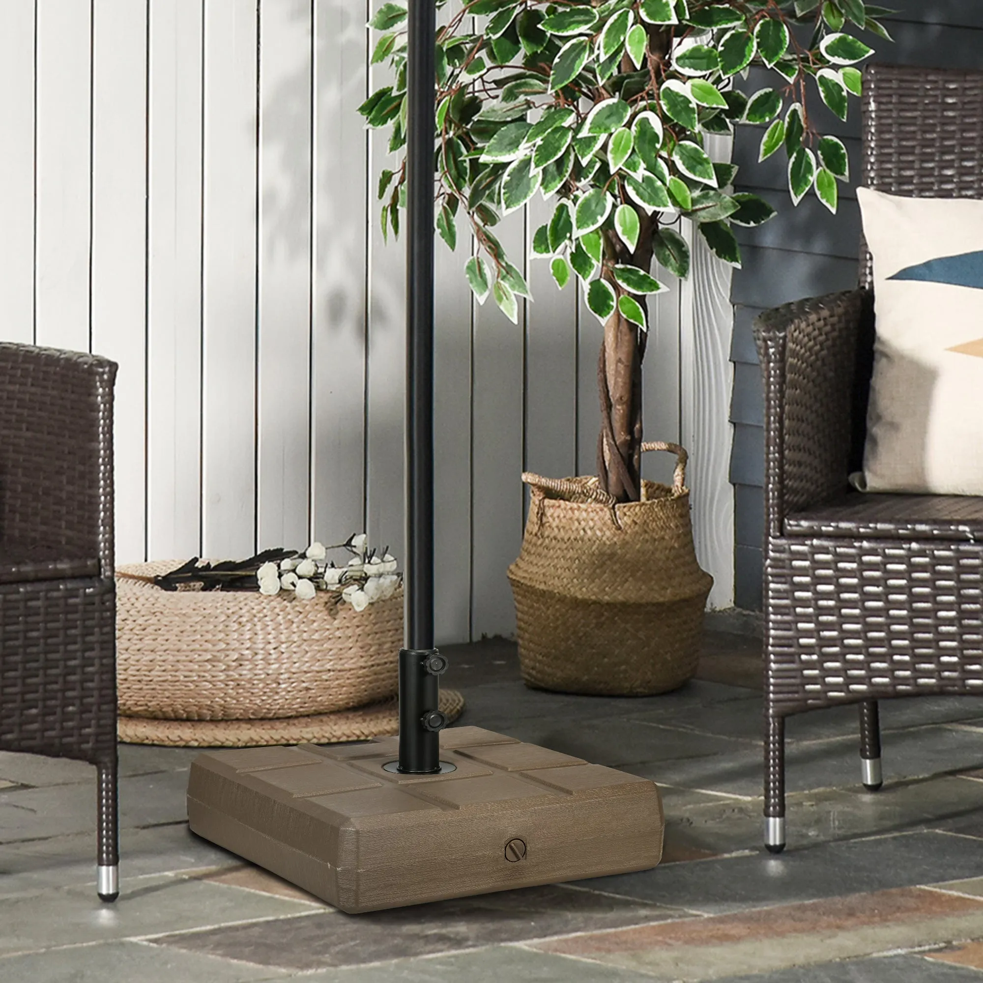 88 lbs. Fillable Umbrella Base with Steel Umbrella Holder for 1.25", 1.5" or 2" Umbrella Poles, Square & Reversible Heavy Duty Market Umbrella Stand, Brown