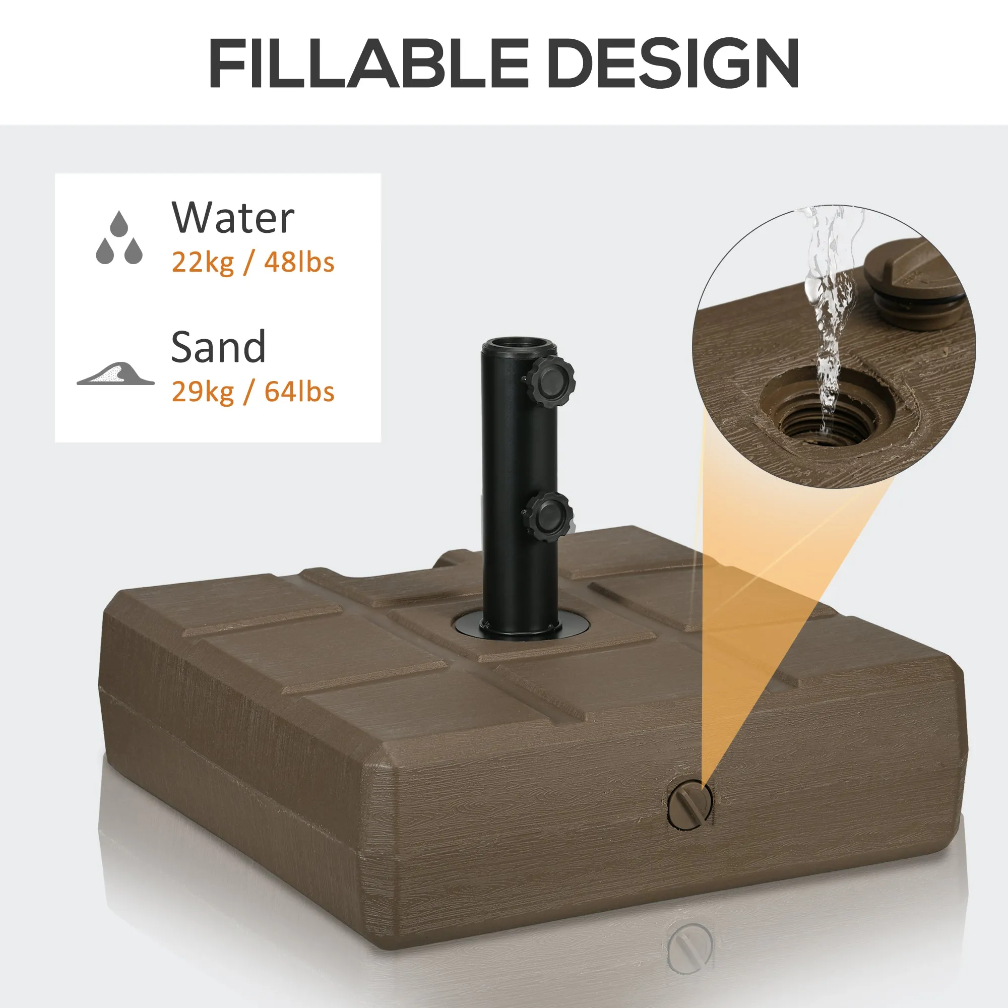 88 lbs. Fillable Umbrella Base with Steel Umbrella Holder for 1.25", 1.5" or 2" Umbrella Poles, Square & Reversible Heavy Duty Market Umbrella Stand, Brown