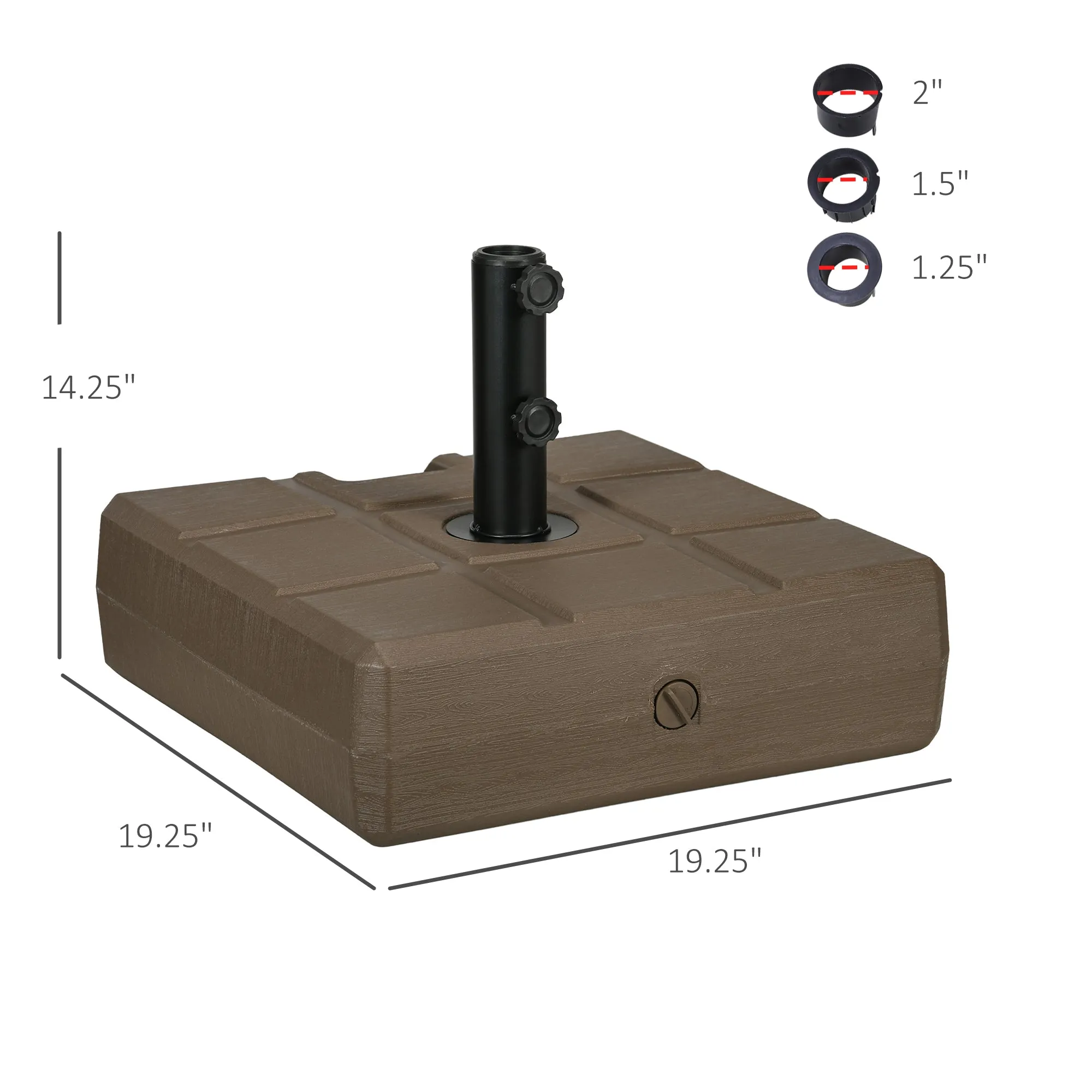 88 lbs. Fillable Umbrella Base with Steel Umbrella Holder for 1.25", 1.5" or 2" Umbrella Poles, Square & Reversible Heavy Duty Market Umbrella Stand, Brown