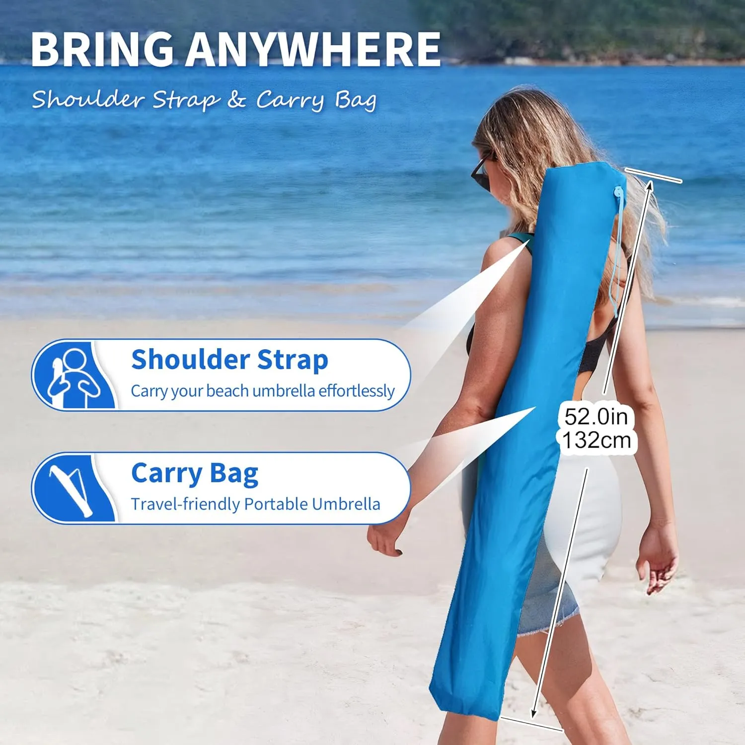 8ft Large Beach Umbrella,Heavy Duty Wind Resistant Portable Sun Shade w/Tilt Pole&Sand Anchor,Shoulder Carry Bag,Removable Hook,UV 50  Protection,Air Vents Design for Patio Garden Pool