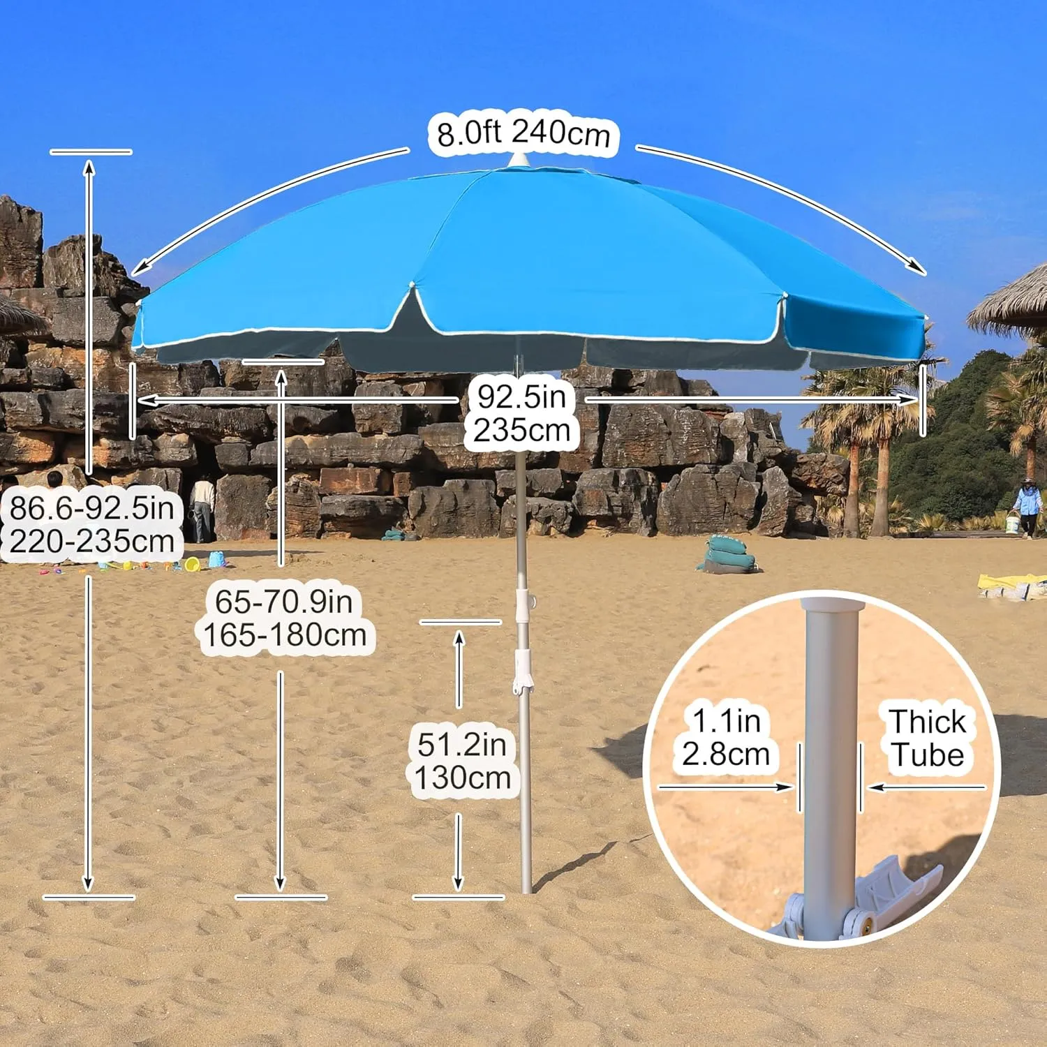8ft Large Beach Umbrella,Heavy Duty Wind Resistant Portable Sun Shade w/Tilt Pole&Sand Anchor,Shoulder Carry Bag,Removable Hook,UV 50  Protection,Air Vents Design for Patio Garden Pool