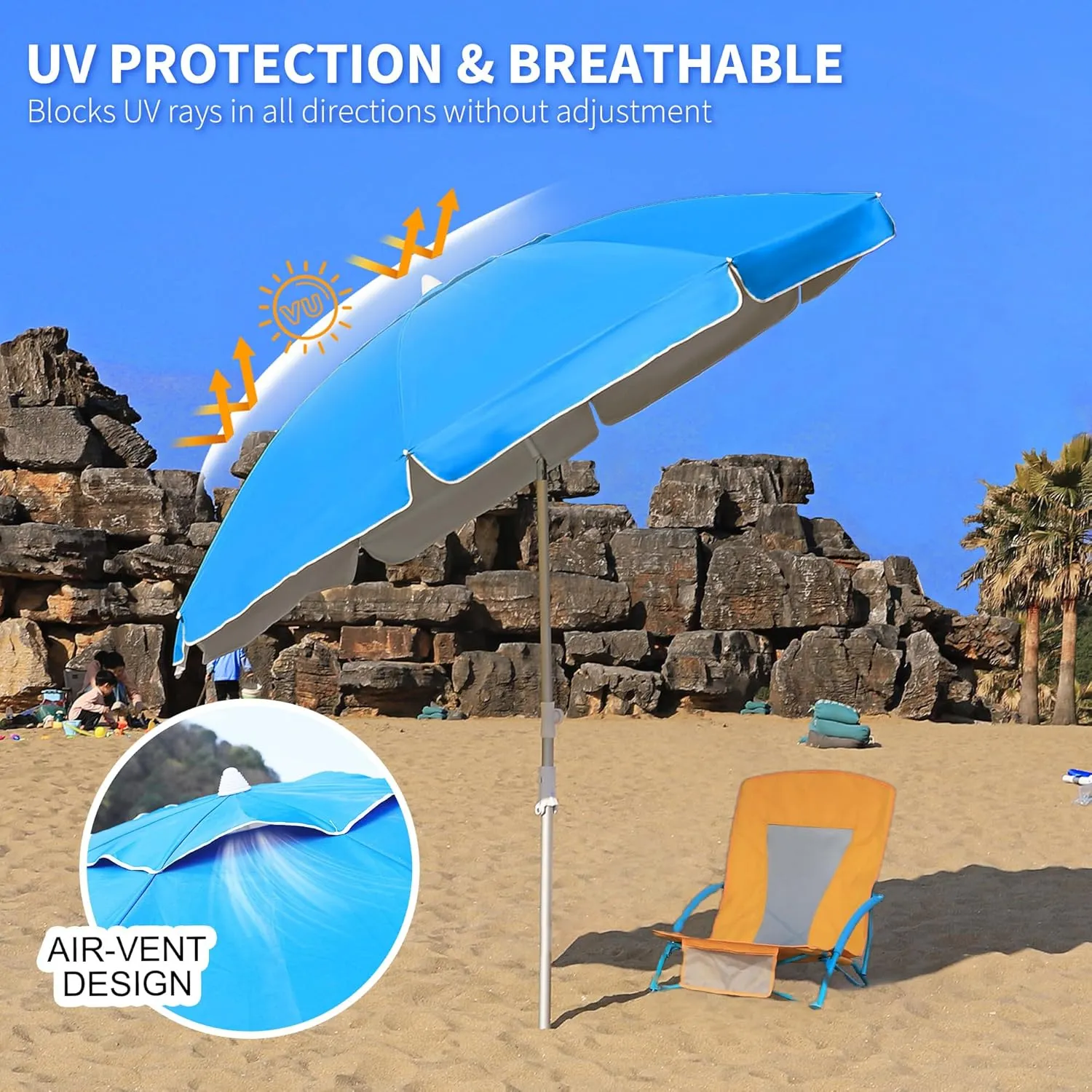 8ft Large Beach Umbrella,Heavy Duty Wind Resistant Portable Sun Shade w/Tilt Pole&Sand Anchor,Shoulder Carry Bag,Removable Hook,UV 50  Protection,Air Vents Design for Patio Garden Pool
