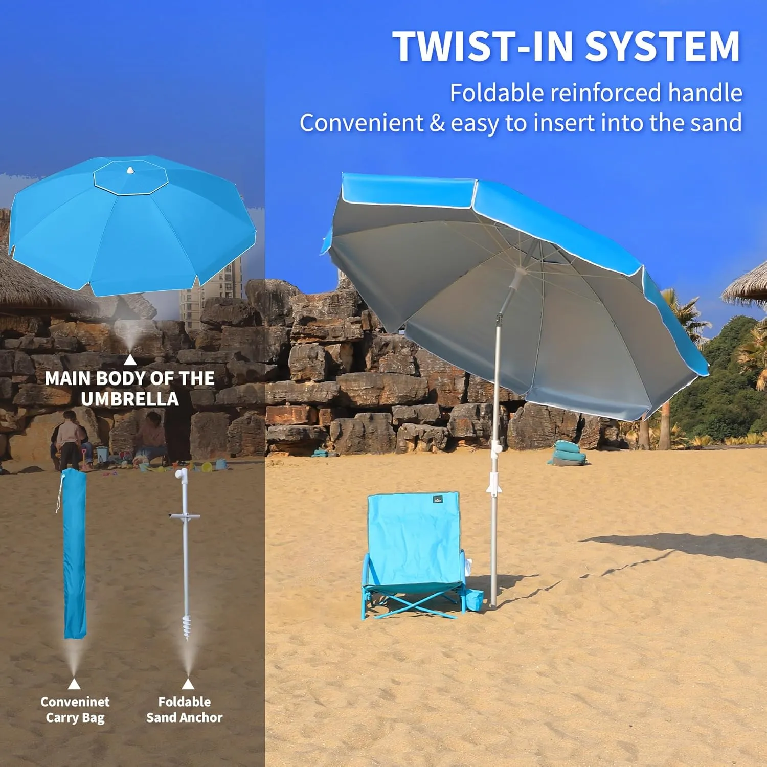 8ft Large Beach Umbrella,Heavy Duty Wind Resistant Portable Sun Shade w/Tilt Pole&Sand Anchor,Shoulder Carry Bag,Removable Hook,UV 50  Protection,Air Vents Design for Patio Garden Pool