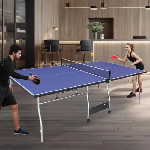 8ft/9ft Mid-Size Table Tennis Table Foldable & Portable Ping Pong Table Set for Indoor Games with Net, 2 Table Tennis Paddles and 3 Balls