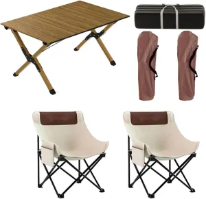 90cm Folding Camping Table & airs Set, Portable Lightweight Picnic Table with Carrying Bag and Aluminum Roll-up Top Foldable Compact Table, Easy to Assemble