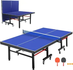 9ft Mid-Size Table Tennis Table Foldable & Portable Ping Pong Table Set for Indoor & Outdoor Games with Net, 2 Table Tennis Paddles and 3 Balls