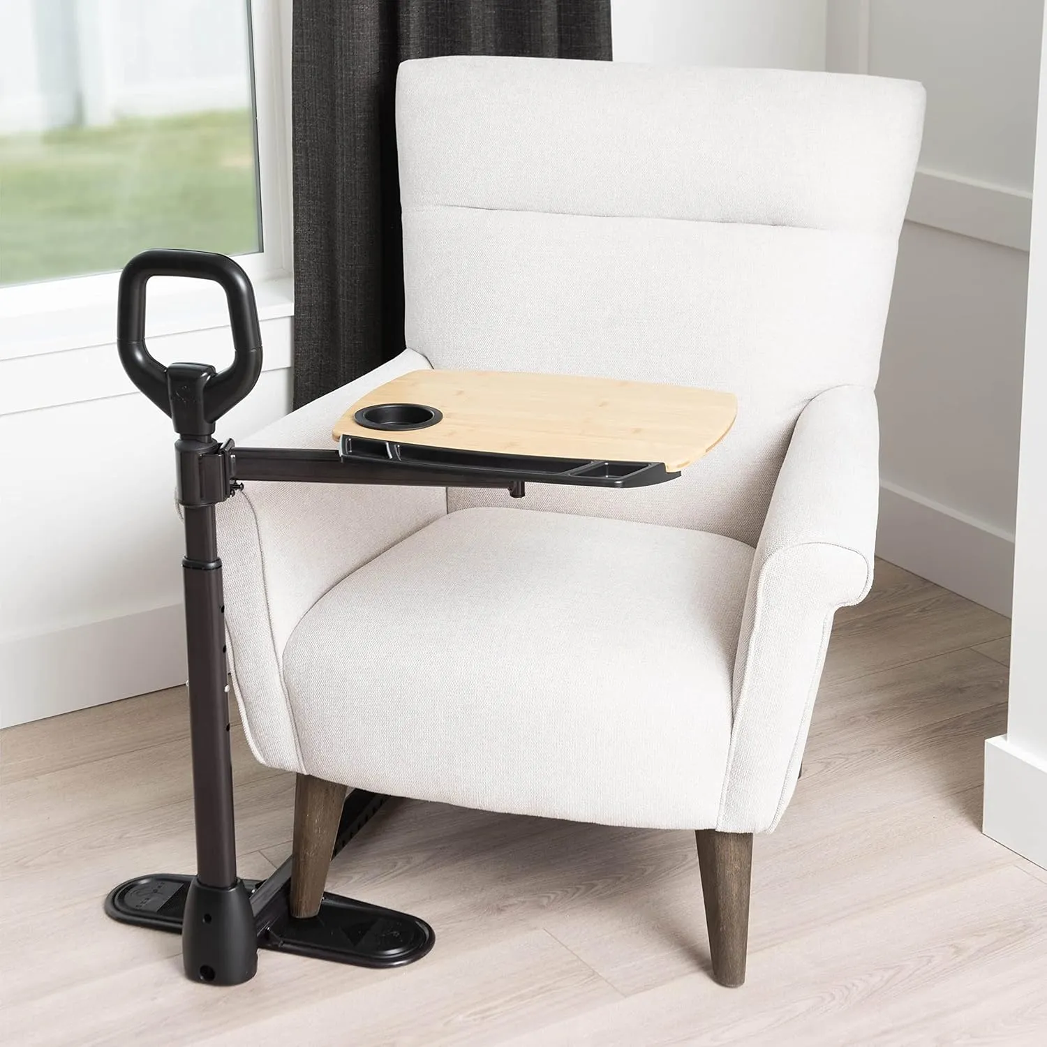Able Life Comfortably Independent Tray Table Adjustable Bamboo Swivel TV and Laptop with Ergonomic Stand Assist Safety Handle, Living Aid, Brown