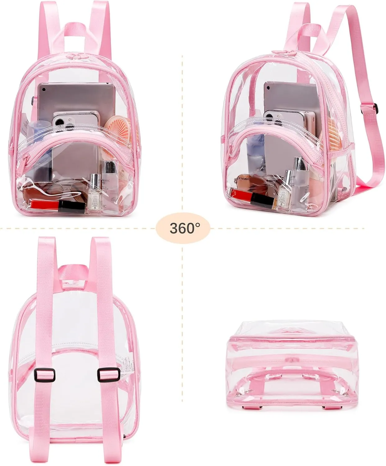 abshoo Clear Mini Backpack for Stadium Events Approved 12 x6 x12 See Through Bag Transparent Backpacks for Girls Women (Pink)