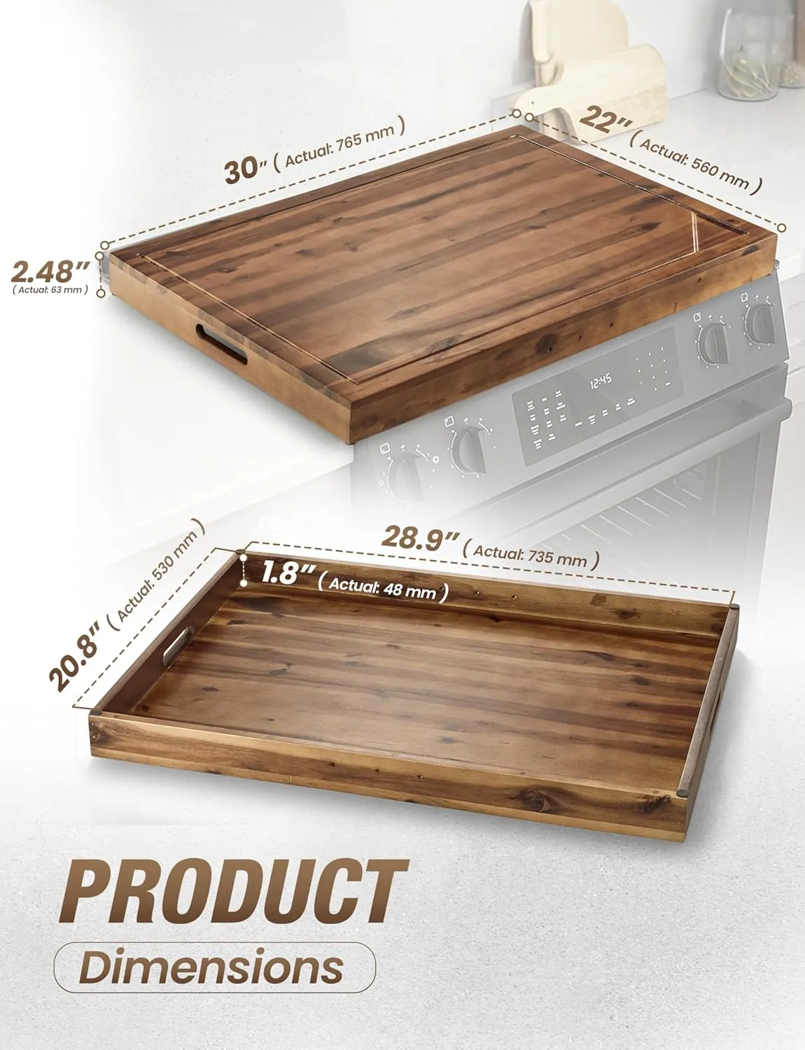 Acacia Stove Top Covers for Electric Stove - Noodle Board for Gas Stovetop - Stove Top Covers for Gas Burners - Wooden Kitchen Sink Cover for Counter Space & Decorative Tray (Walnut, 30" x 22")