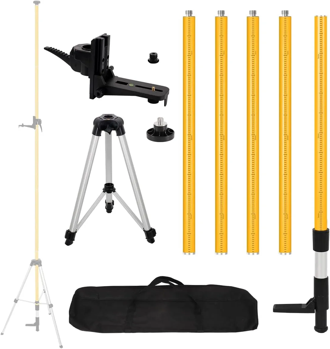 Adjustable Laser Level Pole with Tripod,12 Ft/3.7 M Professional Telescoping Laser Pole with 5/8"-11 Threaded Adapter and Adjustable Bracket 1/4"-20 Laser Mount for Rotary and Line Laser Level